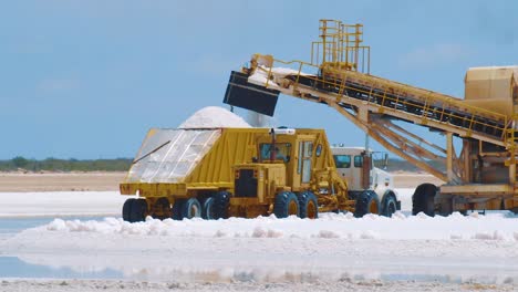 Salt-Being-Loaded-Into-A-Truck-With-A-Conveyor-In-Kralendijk,-Bonaire---medium-shot