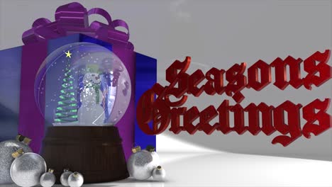 A-stylish-and-highly-realistic-3D-CGI-graphic,-with-silver-glittering-Christmas-decorations-and-a-snowman-snow-globe-on-a-seamless-background,-with-a-classic-message-in-3D-red-glittering-text