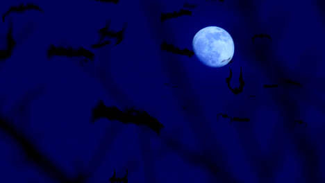 Murciélagos-De-Halloween-Vuelan-En-El-Cielo-Iluminado-Por-La-Luna-Aterradora,-Animación