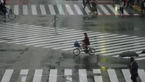 Gente-Caminando-Y-Andando-En-Bicicleta-En-El-Cruce-De-Shibuya-En-Tokio,-Japón-Bajo-La-Lluvia---Cierre,-Cámara-Lenta