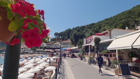 Parga-promenade,-touristic-resort-with-restaurants-by-the-beach,-Greece