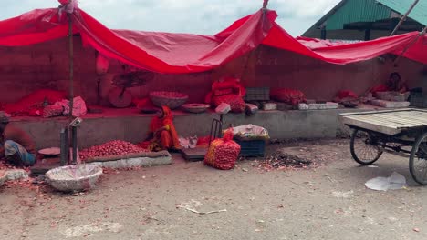 Schwenkaufnahme-Von-Gewürzen-Und-Zwiebeln-Zum-Verkauf-Auf-Den-Straßenmärkten-In-Dhaka