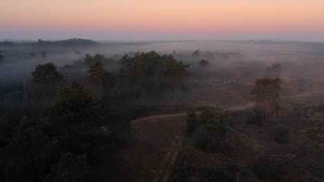 Aerial-shot-of-the-overhead-fog-rolling-over-the-open-valley-and-forests