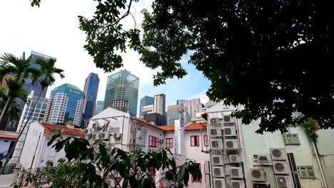 Tropical-Downtown,-Apartments-and-Palm-Trees,-Singapore,-Establishing-Shot