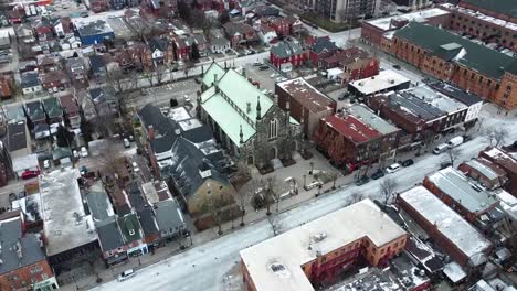 Drone-orbiting-around-church-in-snowy-downtown-Hamilton