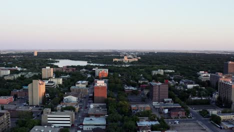 Aerial-shot-over-the-city-of-Regina-at-sunset