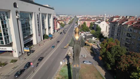 Aerial-drone-shot-of-the-statue-of-Sveta-Sofia,-Sofia,-Bulgaria