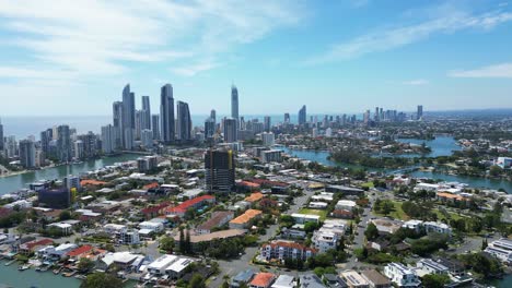 Slow-pan-of-the-fantastic-Suerfers-Paradise-skyline,-scrolling-south-to-Burleigh,-Iconic-city-in-Queensland,-High-rise-apartments-and-luxury-waterfront-homes