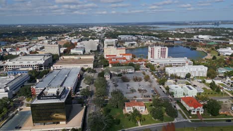 Drone-shot-of-Downtown-Lakeland-Florida-on-a-sunny-day