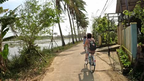 Mujer-En-Bicicleta-Por-El-Camino-A-Través-De-Arrozales-Y-Palmeras-Hoi-An,-Vietnam