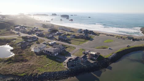4K-aerial-drone-shot-overlooking-parking-lot-at-Bandon-beach-in-Oregon