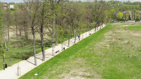 Two-people-in-sports-clothes-walk-along-a-renovated-walking-path-with-old-trees-and-seedlings-on-a-sunny-spring-day