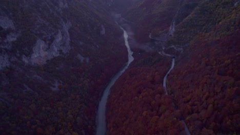 Revealing-of-majestic-Tara-valley-with-Tapa-river-at-sunrise-in-Montenegro