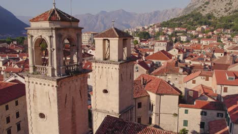Double-bell-tower-of-Kotor-Cathedral-church-in-Montenegro,-aerial