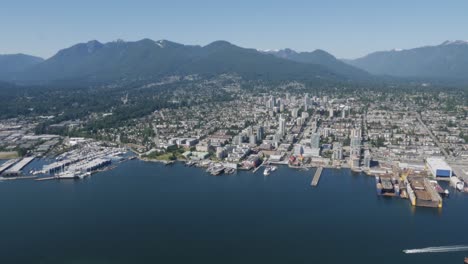 Aerial-shot-of-North-Vancouver,-Lonsdale-and-North-Shore-mountains-in-summer