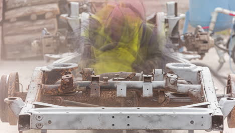 Worker-Sandblasting-Rusted-Chassis-Of-A-Car.-timelapse