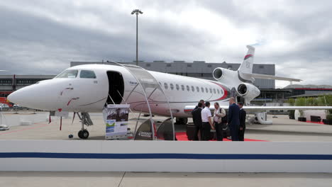 Dassault-Falcon-8X,-three-engine,-long-range-private-jet-shown-parked-at-airport