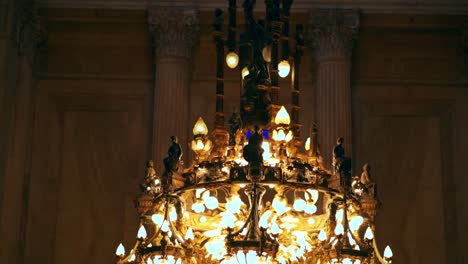 Tilt-up-of-the-giant-chandelier-and-stained-glass-windows-of-the-Congreso-de-la-Nación-Argentina,-Buenos-Aires