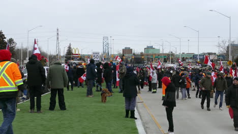 Demonstranten-Gegen-Das-Covid-Impfmandat-Schwenken-An-Einem-Kalten,-Wolkigen-Tag-Kanadische-Flaggen