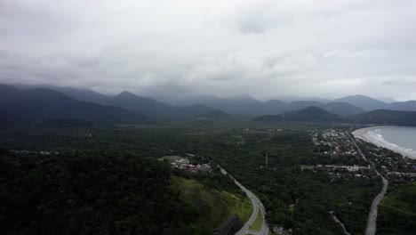 Aerial-view-over-a-mountainous-landscape-in-Costa-Verde,-gloomy-day-in-Brazil