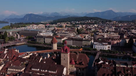 Aerial-view-orbiting-over-the-old-town-of-Lucern,-Switzerland
