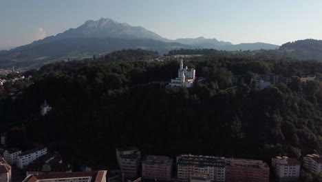 Aerial-view-orbiting-Château-Gütsch,-former-castle-in-Lucern-on-a-forestry-hill-overlooking-the-town