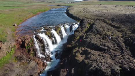 Kolugljufur-Canyon-with-Kolufossar-waterfalls-in-Iceland,-aerial-view