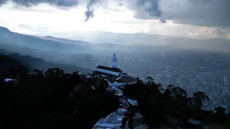 Bogota,-Colombia-view-from-Monserrate---the-lookout-and-viewpoint-at-the-top-of-the-city,-aerial-views-from-a-drone