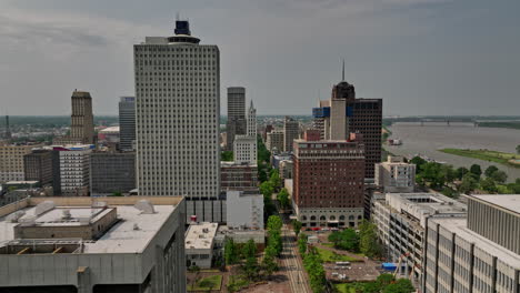Memphis-Tennessee-Aerial-v44-cinematic-drone-flyover-uptown-and-downtown-area-along-north-main-street-through-the-high-rise-buildings-capturing-riverside-cityscape---Shot-with-Mavic-3-Cine---May-2022