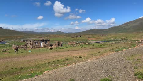 Maultierwanderungen-Zum-Rustikalen-Bauernhaus-Aus-Stein-Im-Grünen-Hochplateau-Von-Lesotho