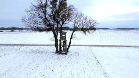 Wooden-Hunt-Tower-By-The-Tree-Surrounded-By-Snow-covered-Fields-In-Winter