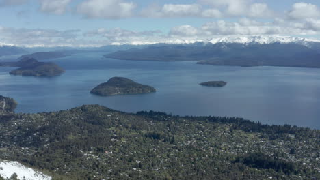 Aerial---Nahuel-Huapi-Lake,-Patagonia,-Río-Negro,-Argentina,-Tilt-Down-Reveal