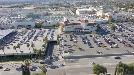Aerial-view-large-and-busy-shopping-mall-and-car-park-in-Northridge