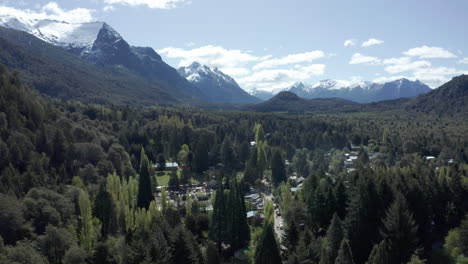Aerial---Colonia-Suiza-Village-Near-Bariloche,-Rio-Negro,-Argentina,-Forward-Tilt-Down-Reveal