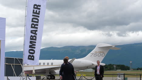 Bombardier-Global-7500,-large-private-business-jet-shown-in-Geneva-airport