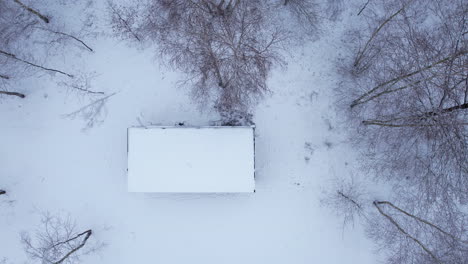 The-snow-covered-roof-of-a-cabin-in-the-forest---the-winter-season---top-down-aeral