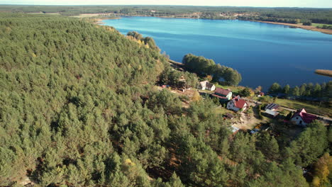 Aerial-View-Of-Woodland-Forest-With-Buildings-Near-Lake-Witoczno-Shoreline