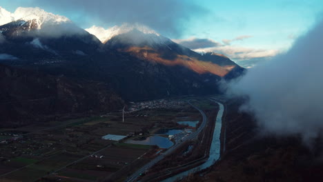 Aerial-sunset-in-the-mountains-along-the-Rhone-river