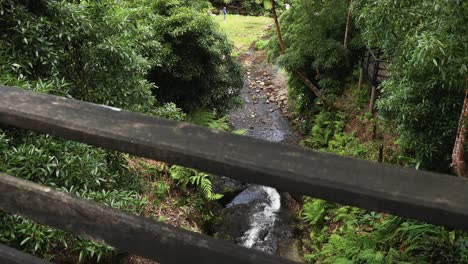 Brücke-Mit-Fluss,-Der-Auf-Felsen-Mit-üppigen-Bäumen-Im-Parque-Das-Frechas-In-Agualva,-Terceira,-Azoren,-Portugal-Fließt