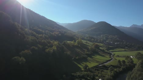 Sunbeams-illuminating-valley,-French-Pyrenees,-France