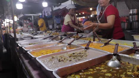 Ajetreado-Mercado-Nocturno-Con-Vendedores-Ambulantes-De-Comida-Que-Venden-Una-Variedad-De-Platos-De-Carne-Y-Verduras-En-La-Provincia-De-Rayong,-Tailandia---Primer-Plano