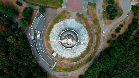 Beautiful-aerial-top-angle-at-Motherland-statue-in-Kyiv-park-near-museum-of-the-second-world-war