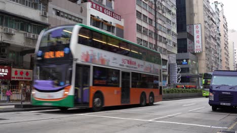 Tráfico-De-Automóviles,-Autobuses-Y-Peatones-En-Las-Calles-De-La-Ciudad-En-Mong-Kok,-Hong-Kong