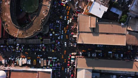 Aerial-view-above-crowded-streets-of-Yaounde,-Cameroon---top-down,-drone-shot