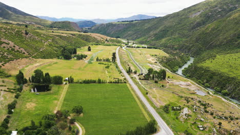 Rural-landscape-of-wine-grapes-plantations-in-Central-Otago-New-Zealand,-aerial