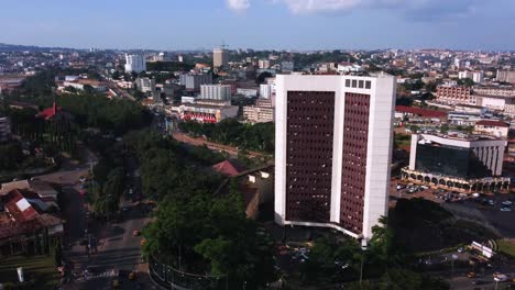 Ministry-of-Education-Building-the-tallest-structure-in-Yaounde,-Cameroon---aerial-view
