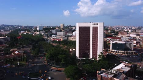 Aerial-view-towards-the-Prime-Ministry-Building,-sunny-day-in-Yaounde,-Cameroon