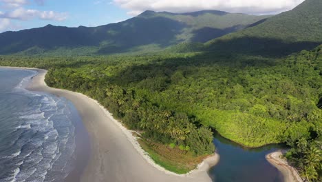 Daintree-Rainforest-and-Cape-Tribulation-aerial-of-lush-forest-and-beautiful-beach,-Queensland,-Australia