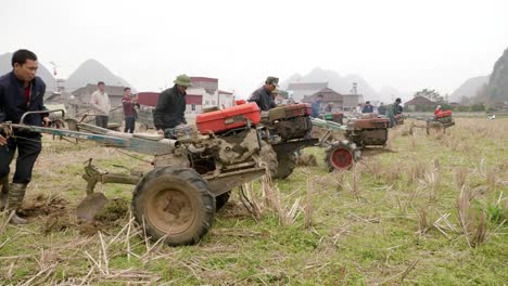 Farmers-are-harvesting-the-land-as-a-ritual-of-the-cultural-activities-in-the-Long-Tong-festival,-held-in-Bac-Son-town,-Lang-Son-province,-Vietnam