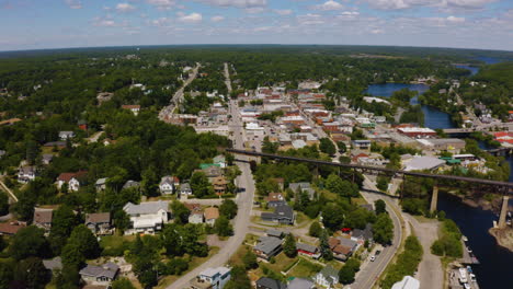 Aerial-drone-view-of-Parry-Sound,-a-charming-small-town-in-Ontario's-Muskoka-Region